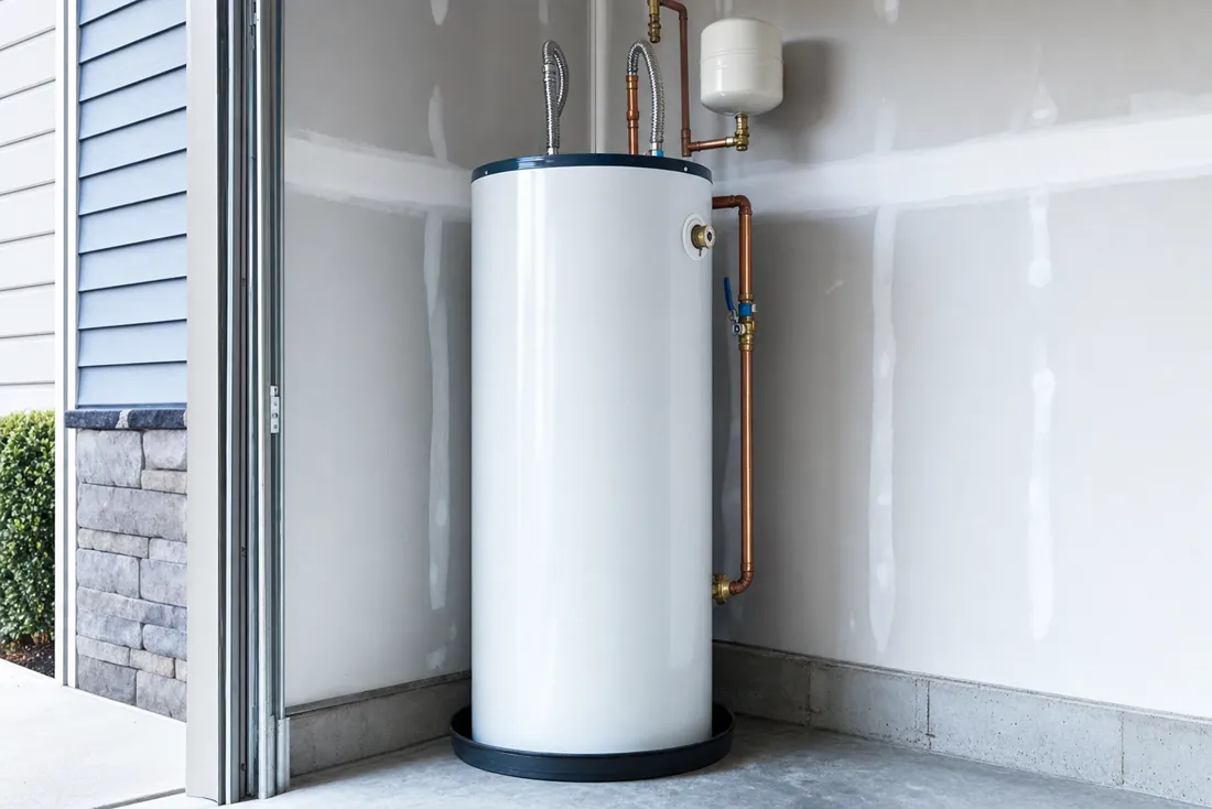 A newly installed 50-gallon tank water heater with copper supply lines and an expansion tank in a clean garage.
