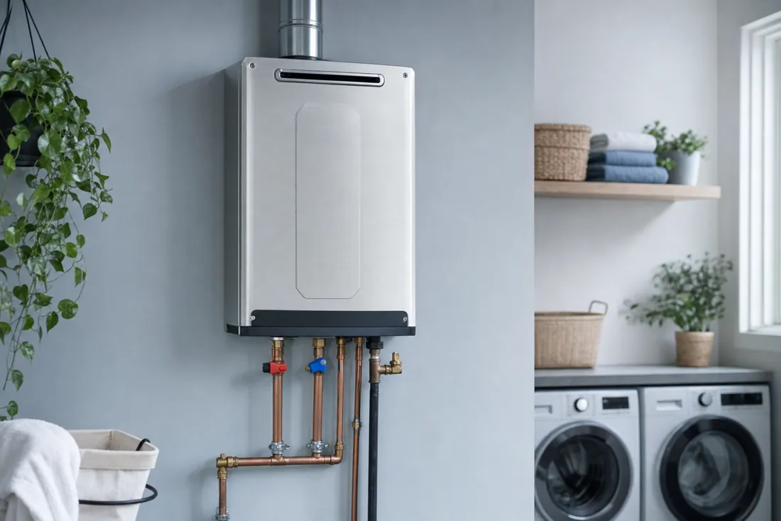 A stainless steel tankless water heater mounted on a wall with copper piping and isolation valves.