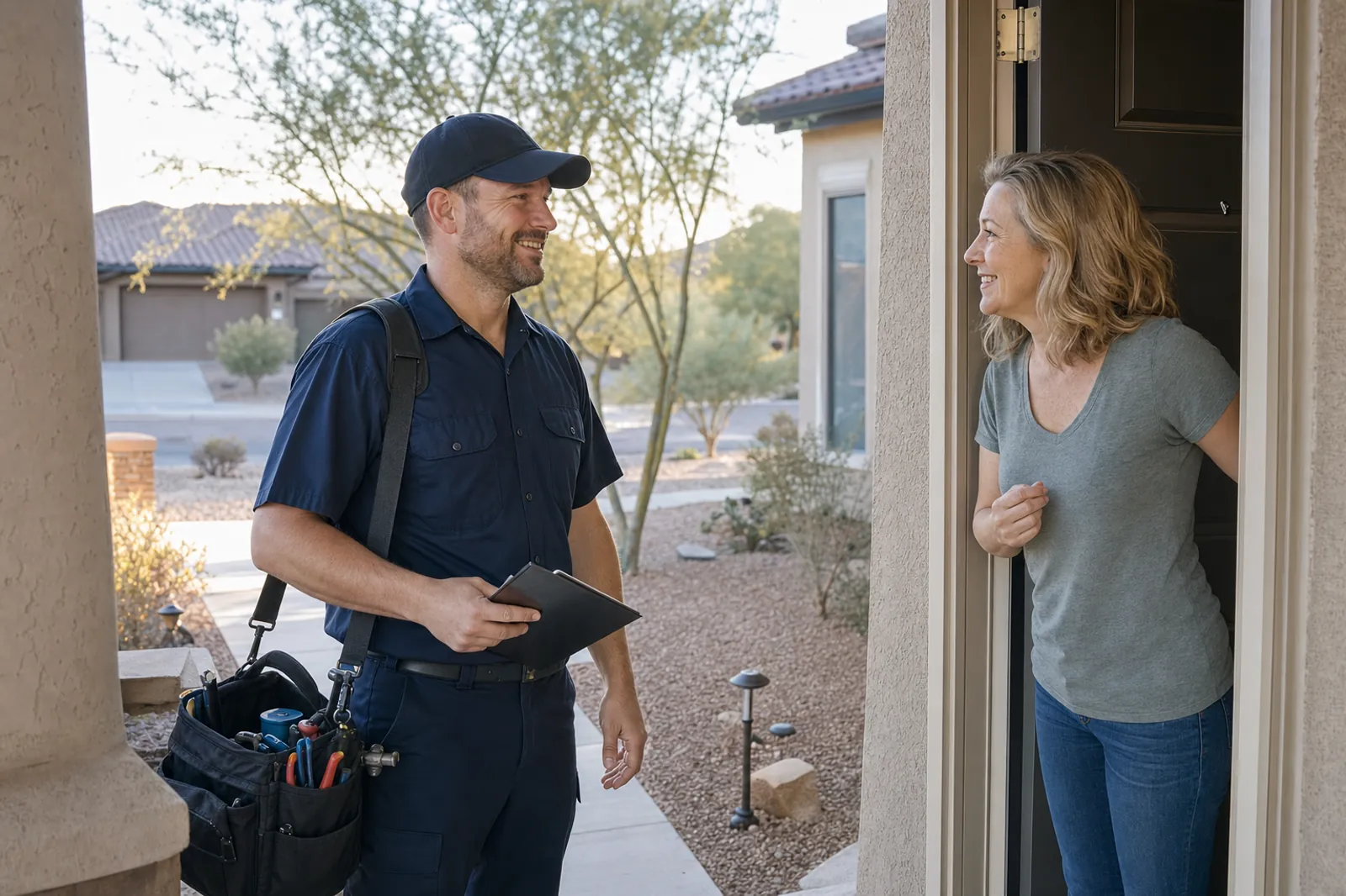 A plumber greeting a homeowner at the front door of a desert-landscaped home.